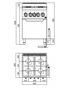 CUCINA A GAS 4 FUOCHI - POTENZA TOTALE 19 KW - SU FORNO ELETTRICO A CONVEZIONE GN 1/1 - CM 60x60x90H