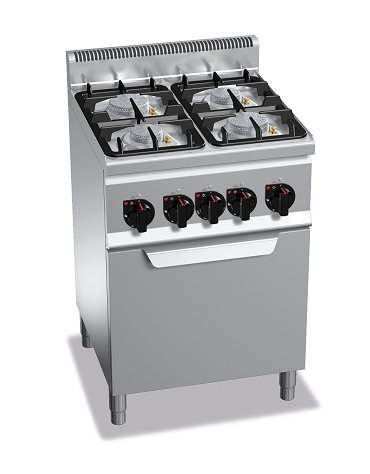 CUCINA A GAS 4 FUOCHI - POTENZA TOTALE 19 KW - SU FORNO ELETTRICO A CONVEZIONE GN 1/1 - CM 60x60x90H