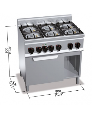 CUCINA A GAS 6 FUOCHI SU FORNO ELETTRICO A CONVEZIONE GN 1/1 - POTENZA TOTALE 28,5 KW - CM 90X60X90H