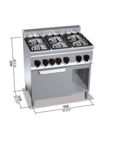 CUCINA A GAS PROFESSIONALE 6 FUOCHI SU FORNO A GAS 1/1 - POTENZA TOTALE 32 KW - CM 90x60x90H 