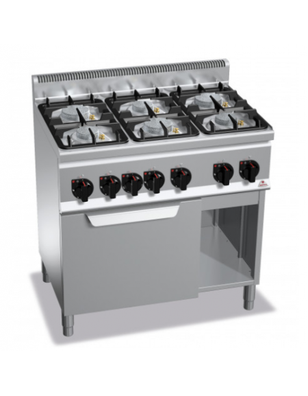 CUCINA A GAS PROFESSIONALE 6 FUOCHI SU FORNO A GAS 1/1 - POTENZA TOTALE 32 KW - CM 90x60x90H 