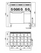 CUCINA A GAS PROFESSIONALE 6 FUOCHI SU FORNO A GAS 1/1 - POTENZA TOTALE 32 KW - CM 90x60x90H 