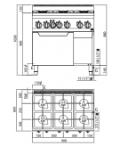 CUCINA A GAS 6 FUOCHI SU FORNO ELETTRICO A CONVEZIONE GN 1/1 - POTENZA TOTALE 28,5 KW - CM 90X60X90H