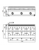 Cucina a gas 3 fuochi in linea da banco - N° 2 Fuochi da 12 Kw + N° 1 Fuoco da 7 Kw - cm 120x60x29h