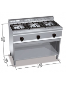 CUCINA A GAS 3 FUOCHI IN LINEA SU VANO - CON 2 BRUCIATORI DA 12 KW ED 1 BRUCIATORE DA 7 KW - CM 120x60x90H