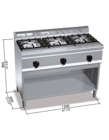 CUCINA A GAS 3 FUOCHI IN LINEA SU VANO - CON 2 BRUCIATORI DA 12 KW ED 1 BRUCIATORE DA 7 KW - CM 120x60x90H