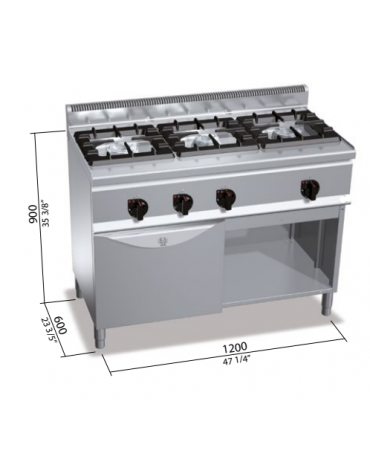 CUCINA A GAS 3 FUOCHI  IN LINEA SU FORNO A GAS 1/1 - POTENZA TOTALE 34,5 KW - CM 120x60x85H