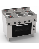 Cucina elettrica trifase-14,5 kw, 6 piastre Ø 18, forno elettrico ventilato con camera cm 62x41,5x32h - cm 105x65x85h