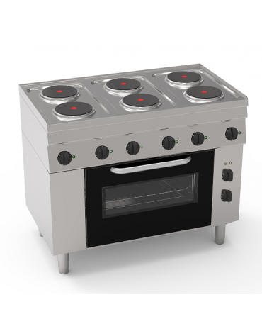 Cucina elettrica trifase-6x2kw, 6 piastre Ø 18, forno elett., camera cm 62x41,5x30,5h ventilato - cm 105x60x85h