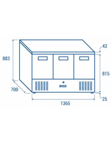 Saladette refrigerata inox per pizzeria top in marmo/vetro, 3 porte, 7 x GN1/3 , + 2° + 8°C - lt 570 - mm 1365×700×1095h