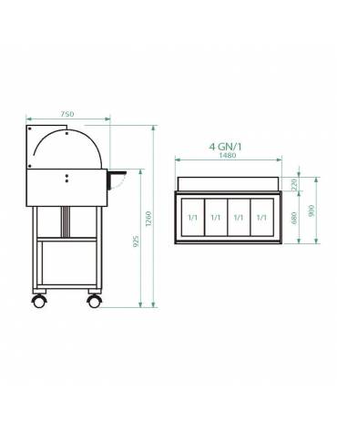 Carrello refrigerato in legno con cupola - 4 x GN 1/1 - Colore Carbon - temp. +2°C +10°C - cm. 148x90x126h