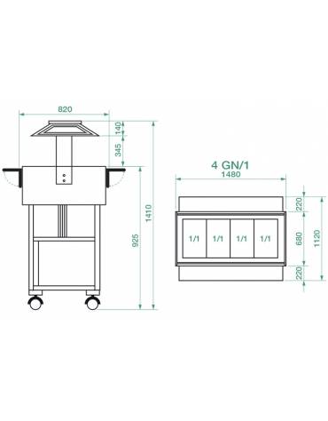 Carrello refrigerato in legno - 4 x GN 1/1 - temp. +2°C +10°C - Colore Wengè - cm.148x112x141h