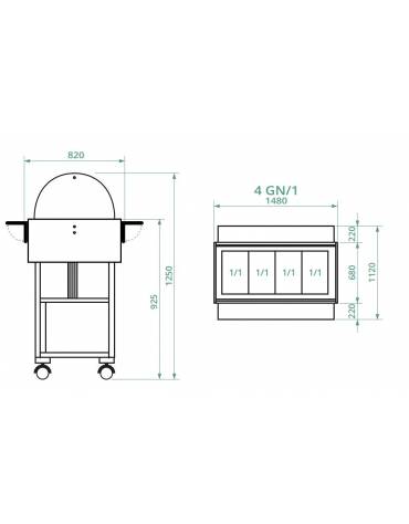 Carrello caldo bagnomaria in legno con cupola - Temp. +30 / +90°C - 4xGN1/1 - colore Cenere- cm 148x112x125h