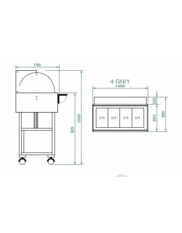 Carrello caldo bagnomaria in legno,cupola con mensola, Temp. +30 / +90°C - 4xGN1/1 - colore Noce - cm 148x90x126h