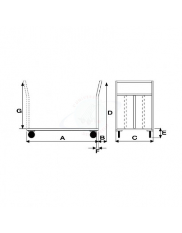 Carrello a pianale in acciaio alimentare AISI 304 lamiera 12/10, 4 ruote girevoli Ø cm 12,5 - piano cm 50x80