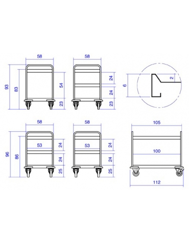 Carrello inox per trasporto pesante-2 piani a vasca cm108x61x96h