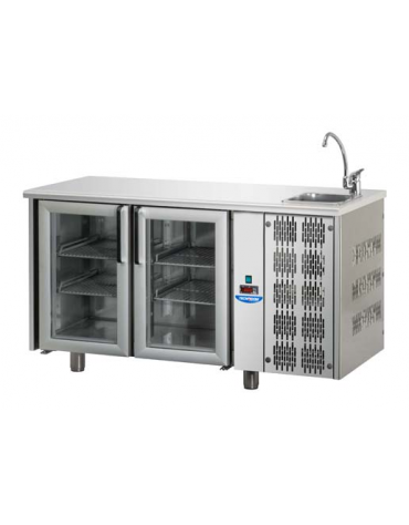 Tavolo Refrigerato 2 p. in vetro,luce Neon+lavello cm142x70x115h