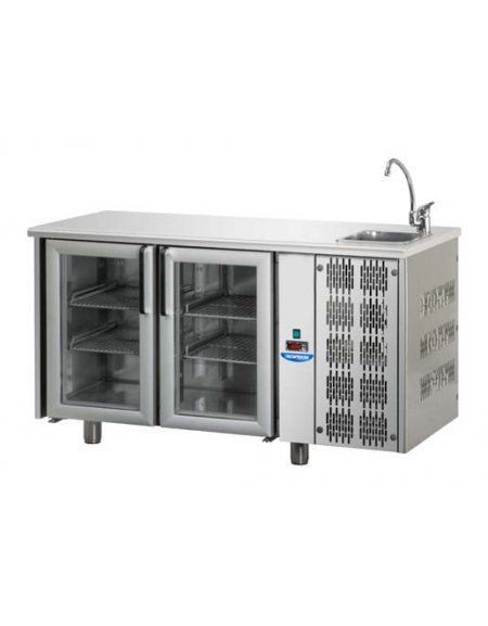 Tavolo Refrigerato 2 p. in vetro,luce Neon+lavello cm142x70x115h