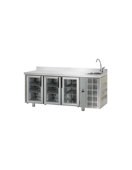 Tavolo Refrigerato GN 1/1 con 3 porte in vetro, 2 luci Neon, piano in Acciaio Inox con alzatina 100 mm e lavello  cm 187x70x115h