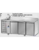 Tavolo Refrigerato GN 1/1 con 3 porte, piano in Acciaio Inox con alzatina 100 mm e lavello con gruppo motore a sinistra cm 187x7