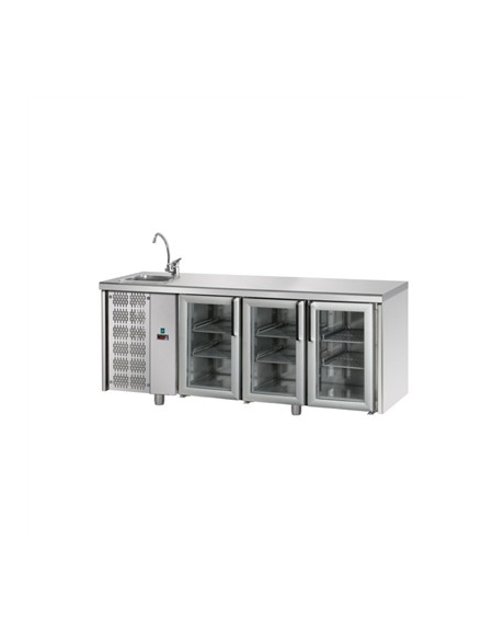 Tavolo Refrigerato GN 1/1 con 3 porte in vetro, 2 luci Neon, piano con lavello e gruppo motore a sinistra cm 187x70x115h