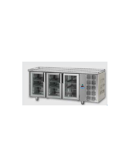 Tavolo Refrigerato GN 1/1 con 3 porte in vetro, 2 luci Neon, senza piano di lavoro cm 187x70x80h