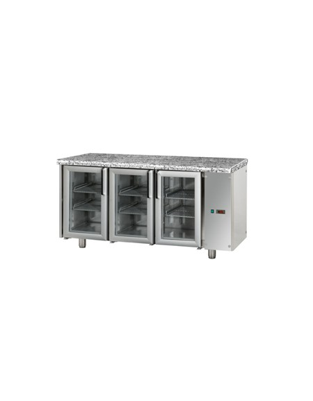 Tavolo Refrigerato GN 1/1 con 3 porte in vetro, 2 luci Neon, piano di lavoro in Granito, predisposto per unità frigorifera remot