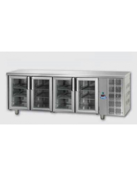 Tavolo Refrigerato GN 1/1 con 4 porte in vetro e 3 luci Neon cm 232x70x85h