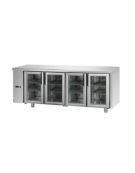 Tavolo Refrigerato GN 1/1 con 4 porte in vetro, 3 luci Neon, predisposto per unità frigorifera remota a sinistra cm 210x70x85h