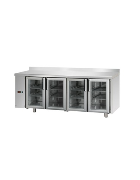 Tav. Refrigerato, 4 porte in vetro, 3 luci Neon, con alzatina 100 mm, predisposto per unità frigorifera remota a sinistra cm 210