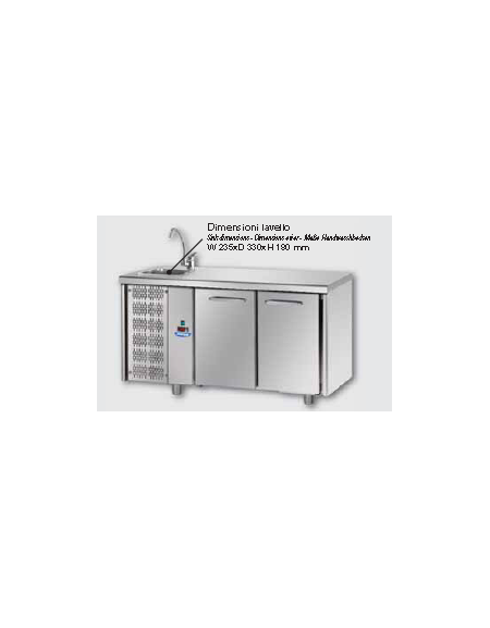 Tavolo Refrigerato GN 1/1 a temperatura normale con 2 porte, piano con lavello e gruppo motore a sinistra cm 142x70x115h