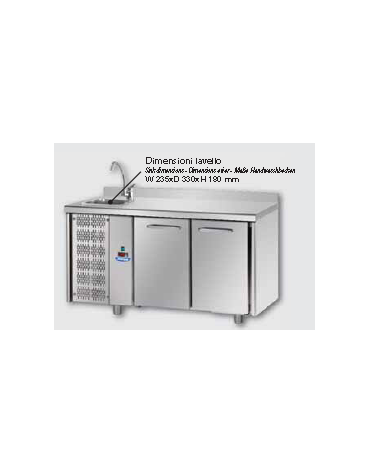 Tavolo Refrigerato GN 1/1 a temperatura normale con 2 porte, piano in Acciaio Inox con alzatina 100 mm e lavello, con gruppo mot