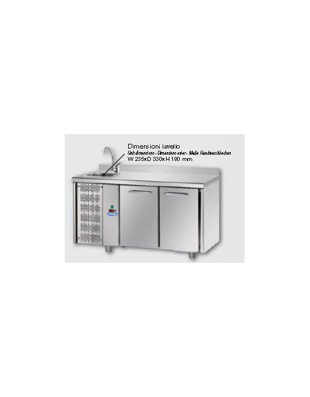 Tavolo Refrigerato GN 1/1 a temperatura normale con 2 porte, piano in Acciaio Inox con alzatina 100 mm e lavello, con gruppo mot