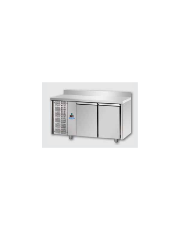 Tavolo Refrigerato, 2 porte, piano in Acciaio Inox, alzatina 100 mm e gruppo motore a sx cm 142x70x95h