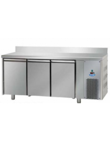 Tavolo Refrigerato GN 1/1 a bassa temperatura con 3 porte e piano in Acciaio Inox con alzatina 100 mm, cm 187x71,5x95h