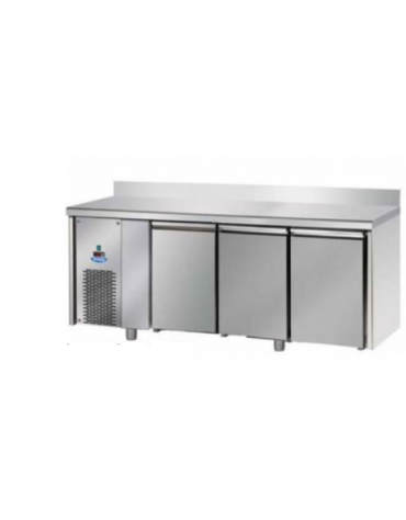 Tavolo Refrigerato GN 1/1 a bassa temperatura 3 porte piano in Acciaio Inox con alzatina e motore a sx cm 187x71,5x95h