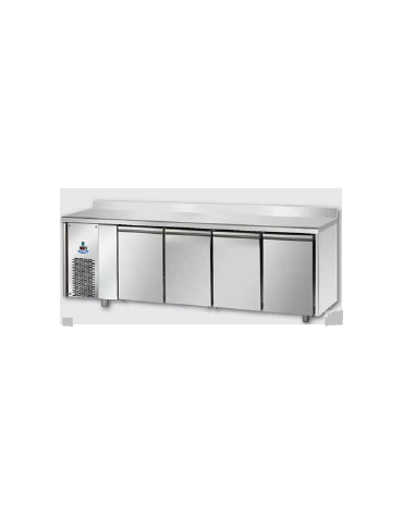 Tavolo Refrigerato GN 1/1 a bassa temperatura 4 porte piano in Acciaio Inox con alzatina e motore a sx cm 232x71,5x95h