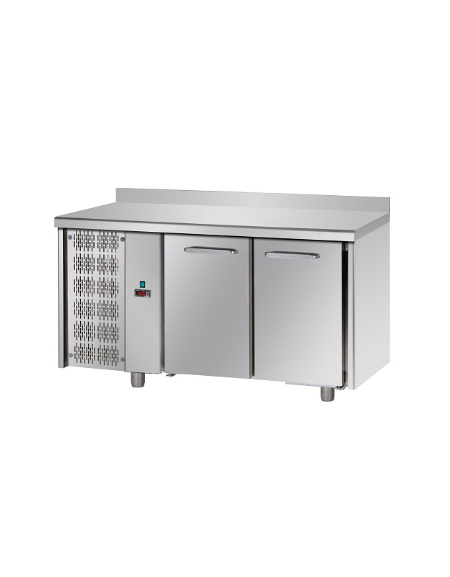 Tavolo Refrigerato a temp. normale con 2 porte, piano in Acciaio Inox con alzatina 100 mm e gruppo motore a sx cm 142x70x95h