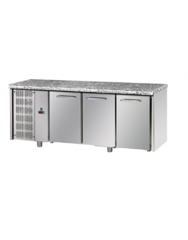 Tavolo Refrigerato a temperatura normale con 3 porte, piano di lavoro in Granito e gruppo motore a sinistra cm 188x70x85h