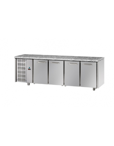 Tavolo Refrigerato a temp. normale, 4 porte, piano di lavoro in Granito e gruppo motore a sx cm 233x70x85h