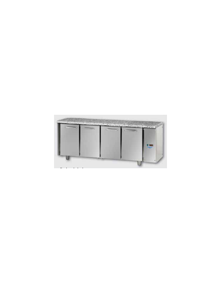 Tavolo Refrigerato GN 1/1 con 4 porte e piano di lavoro in Granito, predisposto per unità frigorifera remota cm 211x70x85h