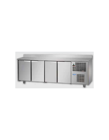 Tavolo Refrigerato a temperatura normale con 4 porte e piano in Acciaio Inox con alzatina 100 mm, cm 236x60x95h