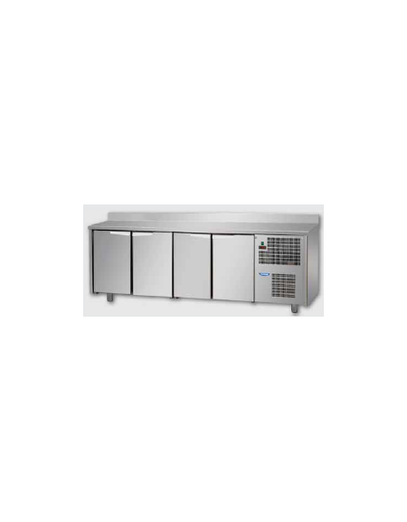 Tavolo Refrigerato a temperatura normale con 4 porte e piano in Acciaio Inox con alzatina 100 mm, cm 236x60x95h