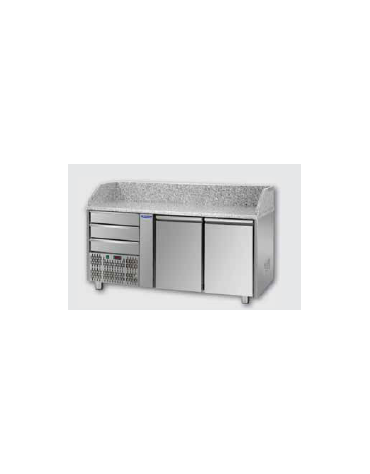 Tavolo Refrigerato Pizza GN 1/1 con 2 porte, gruppo motore a sinistra, 3 cassetti neutri e piano in granito CM 161x75x103H