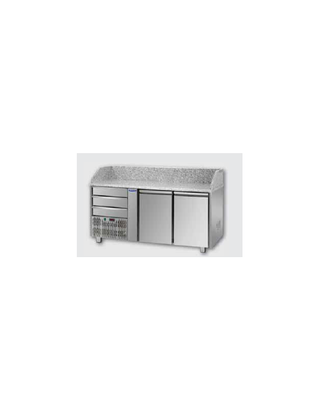 Tavolo Refrigerato Pizza GN 1/1 con 2 porte, gruppo motore a sinistra, 3 cassetti neutri e piano in granito CM 161x75x103H