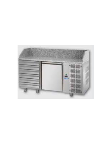 Tavolo Refrigerato Pizza GN 1/1 con 1 porta, gruppo motore a sinistra, 6 cassetti neutri e piano in granito CM  152x75x103H