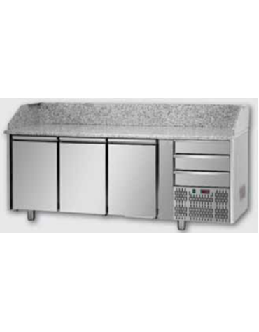 Tavolo Refrigerato Pizza GN 1/1 con 3 porte, 3 cassetti neutri e piano in granito CM 204x75x103H