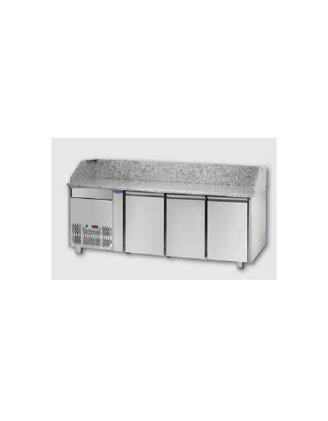 Tavolo Refrigerato Pizza GN 1/1 con 3 porte, gruppo motore a sinistra, un cassetto neutro e piano in granito CM 204x75x103H