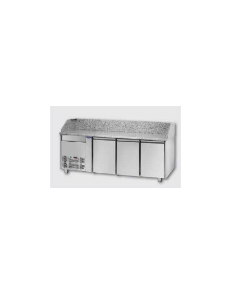 Tavolo Refrigerato Pizza GN 1/1 con 3 porte, gruppo motore a sinistra, un cassetto neutro e piano in granito CM 204x75x103H