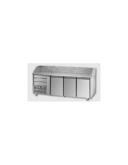 Tavolo Refrigerato Pizza GN 1/1 con 3 porte, gruppo motore a sinistra, 3 cassetti neutri e piano in granito CM 204x75x103H